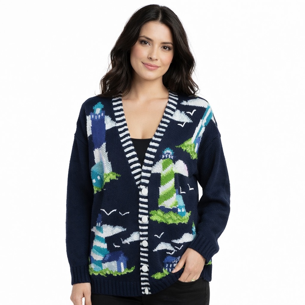 Vintage Lighthouse Cardigan Monica Christina Hand Knit Nautical Sweater